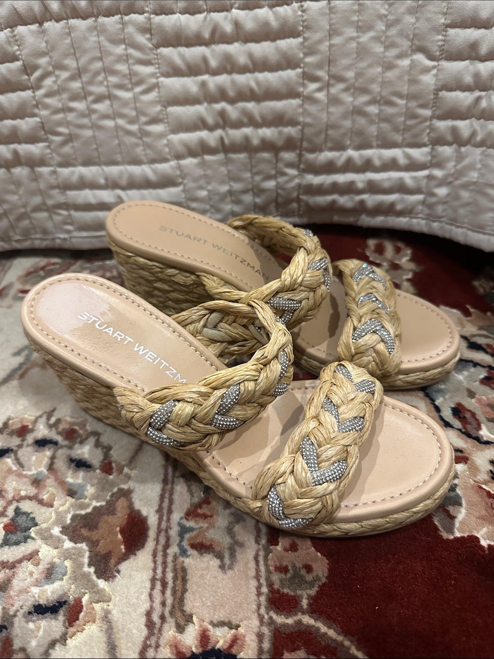 Stuart Weitzman Tan Braided Raffia Wedge Sandals with Silver Thread 7.5